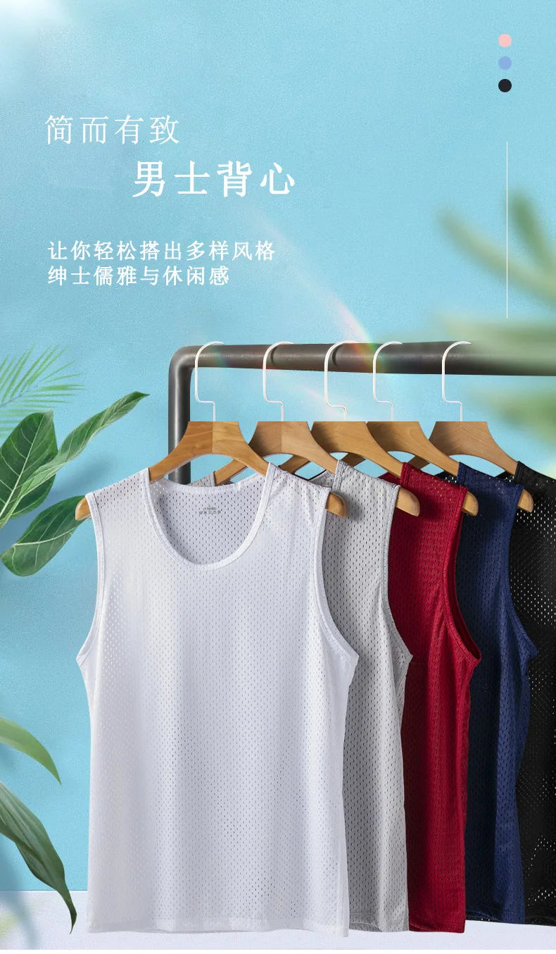 Men's Ice Silk Mesh Tank Tops Man Gym Stringer Transparent Bodybuilding Sleeveless Shirt Fitness Vest Male Muscle Singlets L-5XL