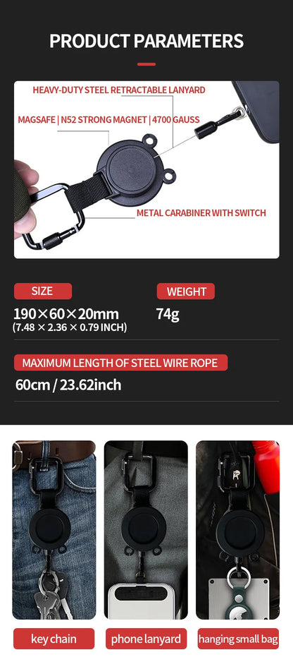 For Magsafe Magnetic Universal Mobile Phone Holder Backpack Clip Carabiner Retractable Steel Wire Rope Outdoor Anti-lost Stand