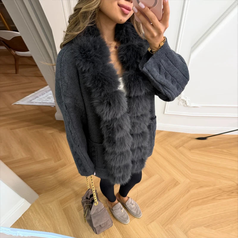 Cable Knit Cardigan with Faux Fur Collar