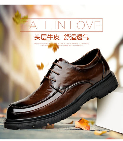 Mens Black Genuine Leather Wrinkled Lace Up Chunky Sole Formal Business Oxfords Casual Daily Wear Dress Shoes Stylish And Simple