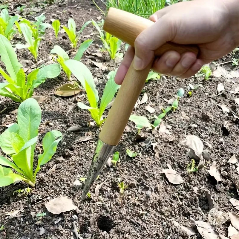 Hand Sow Dibbler With Wood Handle For Sowing Seeds Transplanting Plants Planting Bulbs Digging Gardening Garden Hole Punch Tool