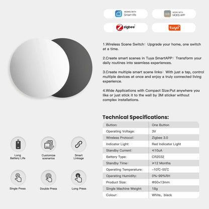 MOES ZigBee Smart Wireless Button Scene Switch Tuya BatteryPowered Mobile Setting Multi-scene Linkage Wireless Remote Controller