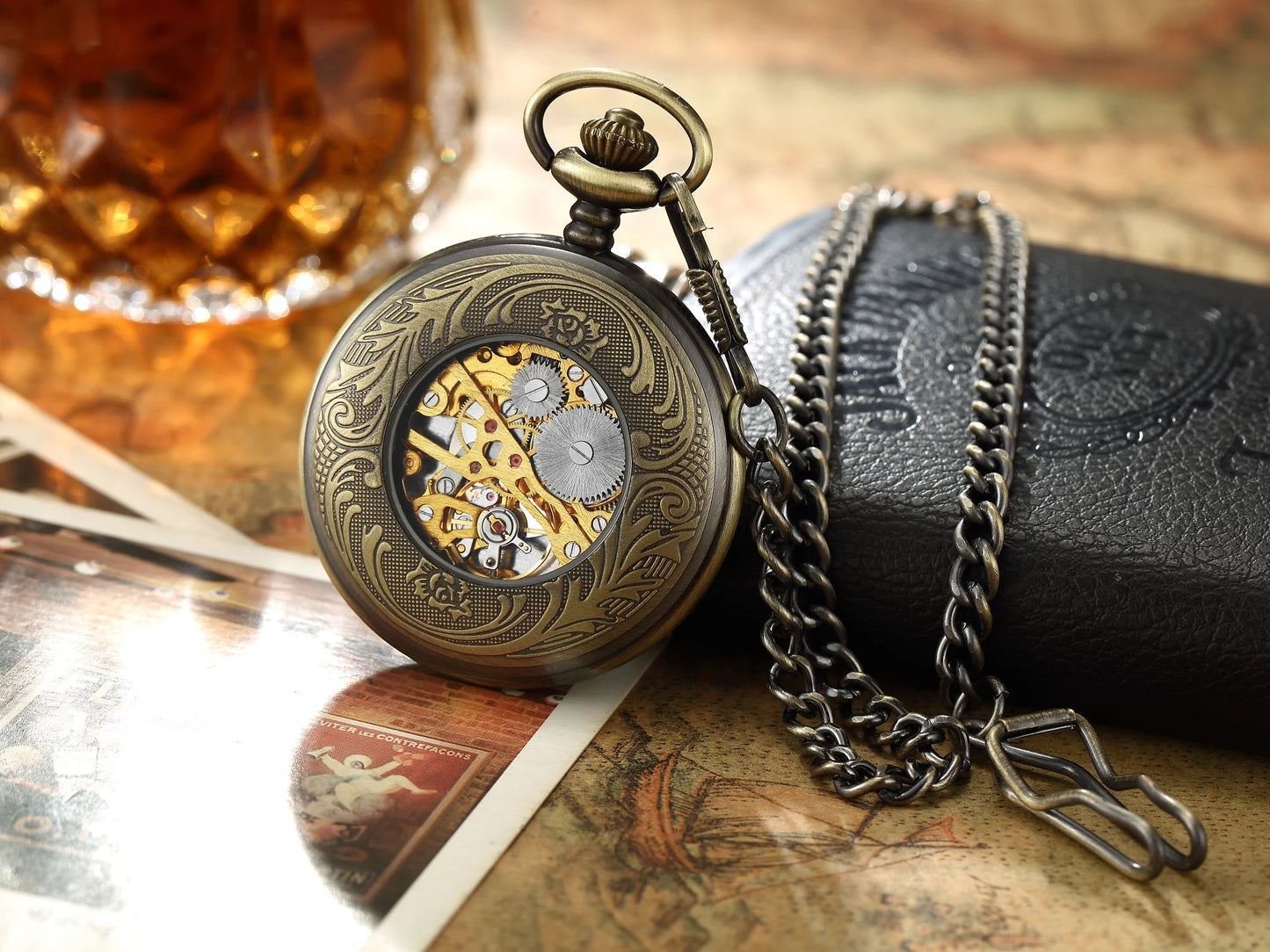 Vintage Skeleton Mechanical Pocket Watch Engraved Floral Design Hand Wind Fob Watch With Chain For Men Women Luxury Antique Gift