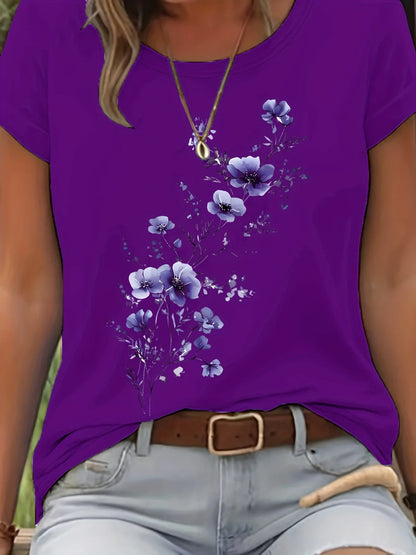 Purple Floral Branch Women's Tee - Delicate Watercolor Flower Graphic, Casual Light Purple Top