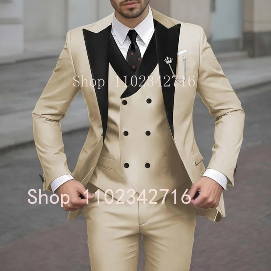 New Classic Beige Single Breasted Suits For Men Black Lapel Slim Fit Wedding Suit Groomsmen Formal Prom Party Suits 3 Piece Sets