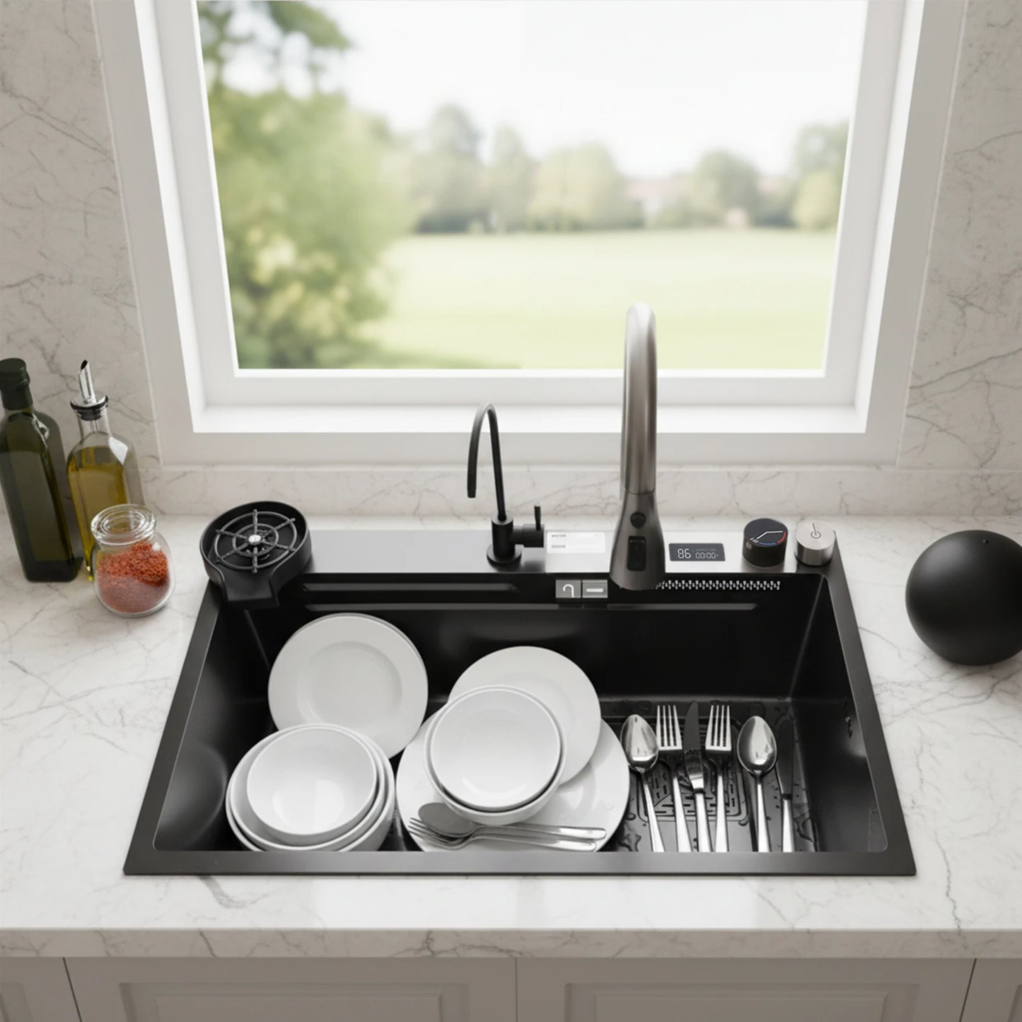 201 Stainless Steel Nano Black Sink with Digital Pull-out Faucet Anti-Splash Large Single Basin Noise Proof & Anti-Condensation