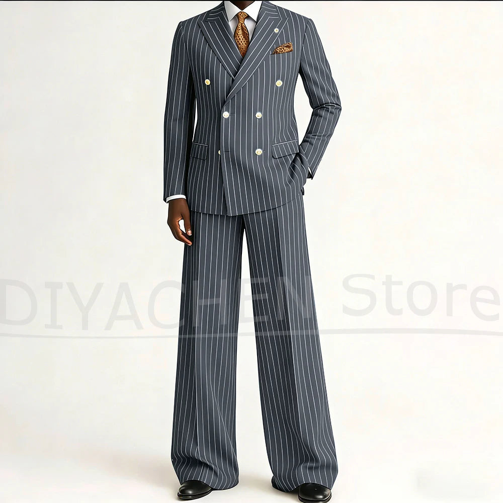 Men's Striped Double Breasted Suit Set Fashion Peak Lapel Formal Outfits 2 Piece Wedding Business Events Casual Male Suit