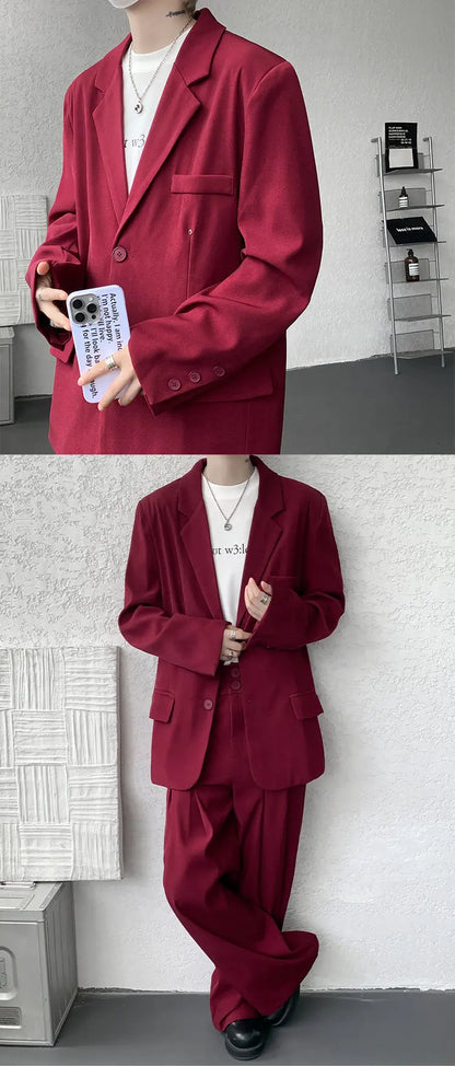 Casual suit set Men Loose fitting 2 piece suit Shoulder pads Trend Streetwear Korean 2025 NEW suit jacker+suit pants