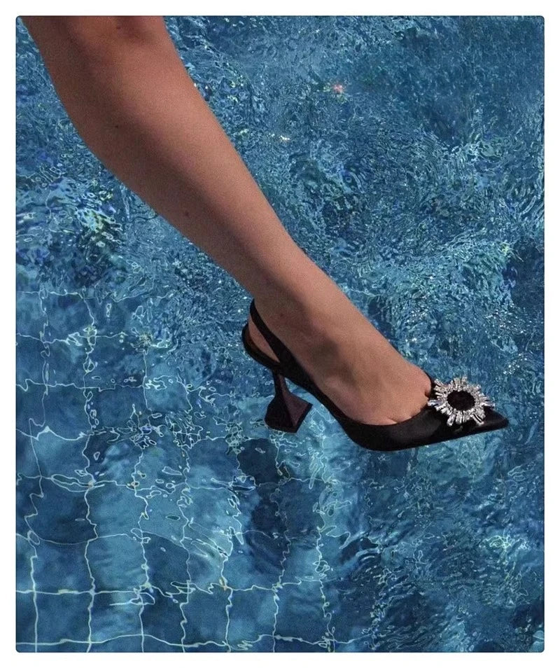 2025 European and American Women's New Silk Sunflower Crystal Diamond Buckle High Heels Horseshoe Heel Women's Sandals