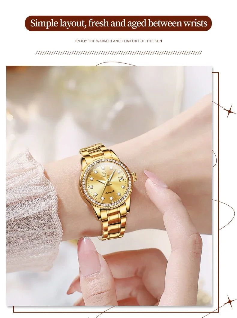 OLEVS 7003 Women Automatic Watch Waterproof Luminous Calendar Mechanical Ladies Wristwatch Steel Strap Luxury Watch Women
