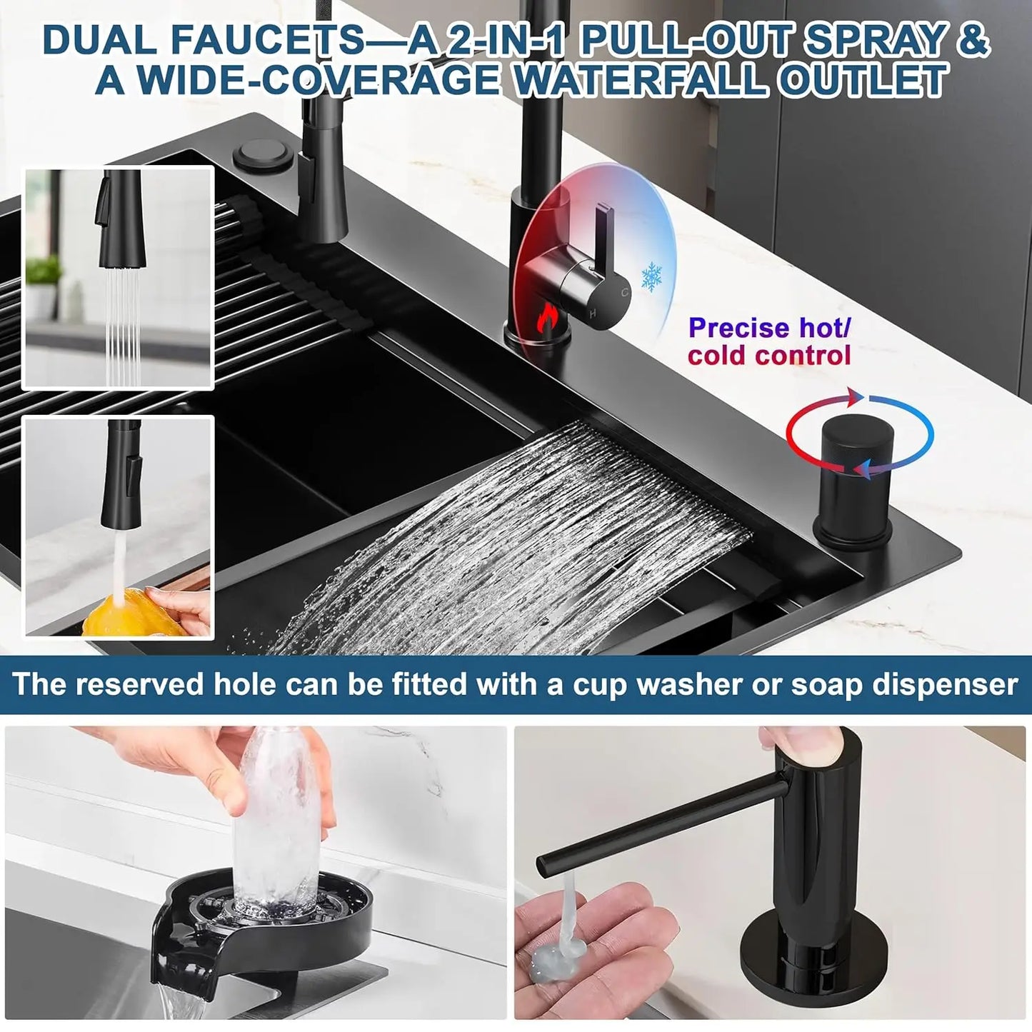 33in Gunmetal Black Waterfall Kitchen Sink Pull Out Faucet Combo Single Bowl Stainless Steel Workstation Accessories, Custom