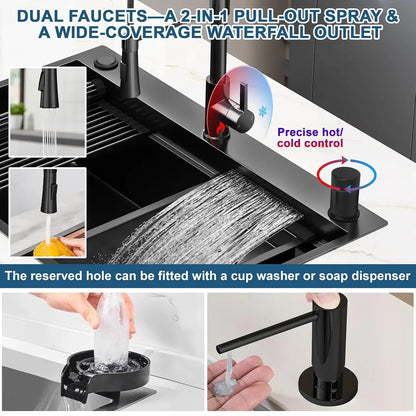 33in Gunmetal Black Waterfall Kitchen Sink Pull Out Faucet Combo Single Bowl Stainless Steel Workstation Accessories, Custom