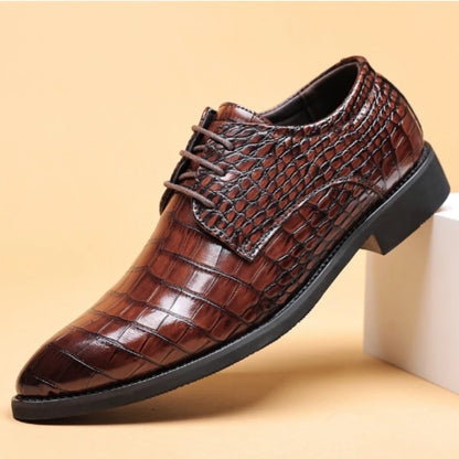 Mens Brown Crocodile Embossed Leather Dress Shoes Pointed Toe Lace Up Oxfords Formal Business Office Wedding Party Wear Comforta