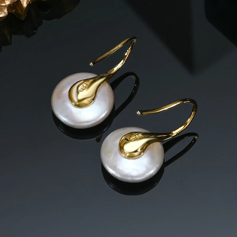 HENGSHENG OL Natural Freshwater 11-13mm White Button Shape Baroque Pearl Earring 925 Sterling Silver Ear Hook Jewelry for Women