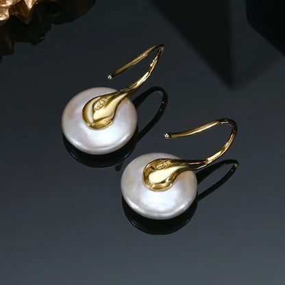 HENGSHENG OL Natural Freshwater 11-13mm White Button Shape Baroque Pearl Earring 925 Sterling Silver Ear Hook Jewelry for Women