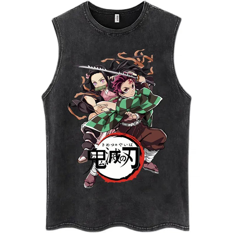 Washed Anime Demon Slayer Hashibira Inosuke Mask Face Tank Tops Men Women Vintage Fashion Cotton Sleeveless T Shirts Streetwear