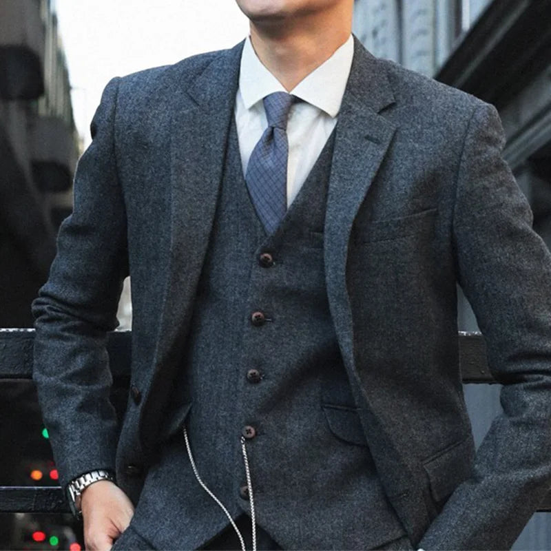 Retro British Yuppie Gentleman's Peaky Blinders Style Wool Tweed Herringbone Slim-Fit Suit Three-Piece Suit