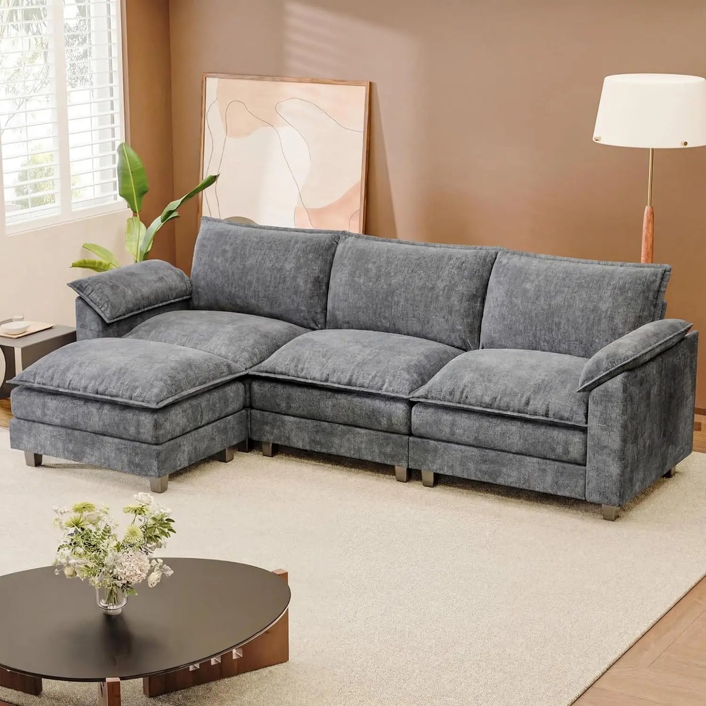 118.9" Modular Sectional Cloud Couch 3-Seat Sofa Set with Movable Ottoman, L Shaped Sofa Couch with Deep Seat,, Customized