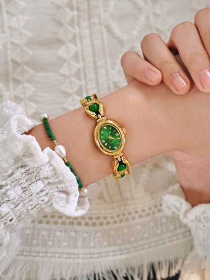 1 Piece of New High-End Luxury Women's Watch with Pearl and Rhinestone Inlays, Featuring a Vintage and Elegant Design, an Oval Pearl Mother-Of-Pearl Dial, 30m Waterproof, Suitable for Daily Wear, Parties, Vacations, and Other