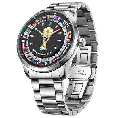MARK FAIRWHALE 5087 Famous Football Sports Quartz Watch 360 ° Rotating Flag Dial Stainless Steel Strap Waterproof Watch for Man