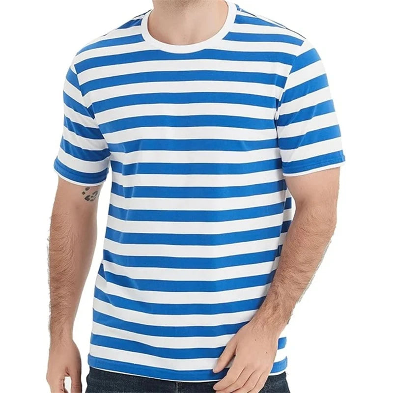 Summer fashion men's printed T-shirt with checkered horizontal stripes, sporty and casual men's short sleeved plus size comforta