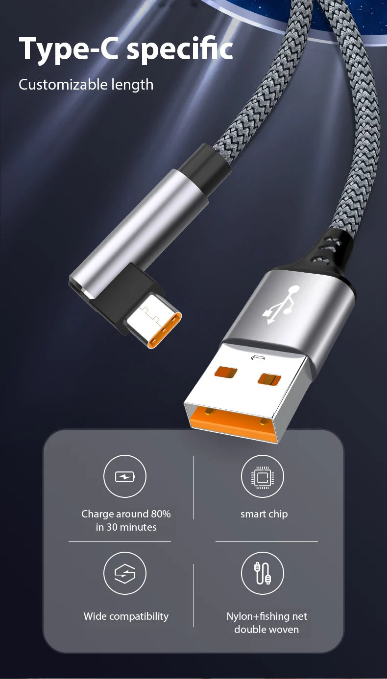 6A USB C Elbow Type C Fast Charge Cable 3m 5m Phone Extend Charging Cable for Samsung Huawei Xiaomi Oppo OnePlus VR Camera