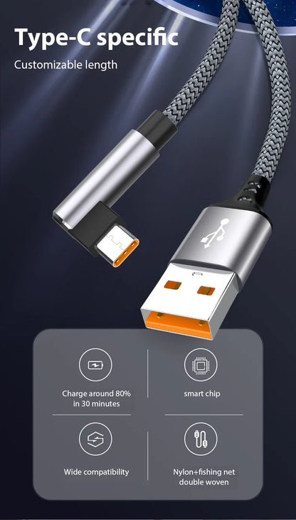 6A USB C Elbow Type C Fast Charge Cable 3m 5m Phone Extend Charging Cable for Samsung Huawei Xiaomi Oppo OnePlus VR Camera