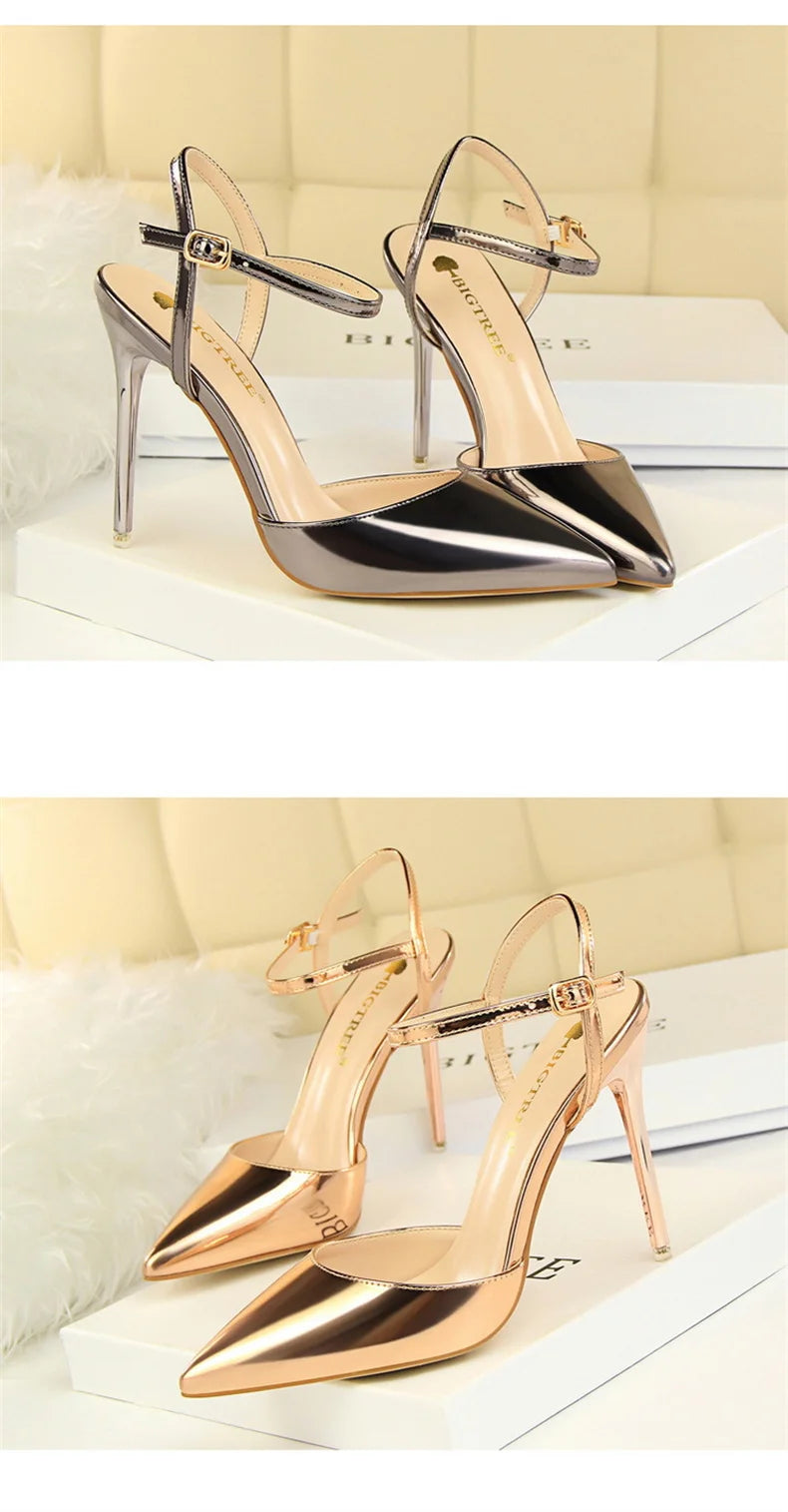Women High Heels Sandals Metallic Gray Patent Leather Stripper Ankle Strap Wedding Nightclub Pointed Toe Party Valentine 86-1