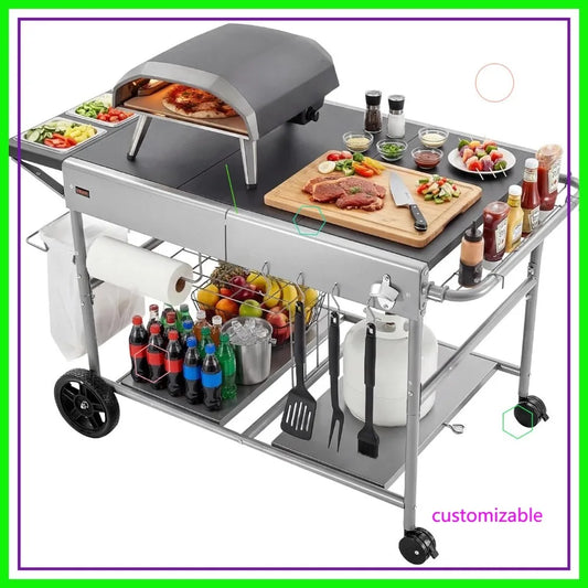 Outdoor Grill Cart with Wheels, 36.4x23.4 Inch Tabletop, Movable BBQ Prep Table for Picnic Kitchen Courtyard