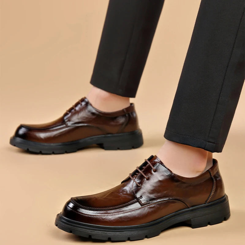 Mens Black Genuine Leather Wrinkled Lace Up Chunky Sole Formal Business Oxfords Casual Daily Wear Dress Shoes Stylish And Simple