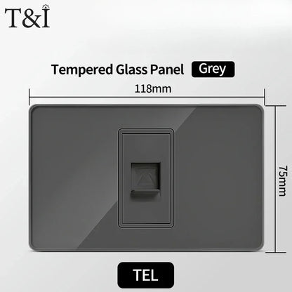 118*75mm TEMPERED GLASS SWITCH PANEL Wall Socket with USB Type - C, Grey US Switch, Thai Plug for Home & Office Use