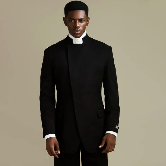 Elegant Black Men's Suits 2 Piece Jacket Pants Outfits Formal Single Breasted Stand Lapel Skinny Clothing Costume Homme