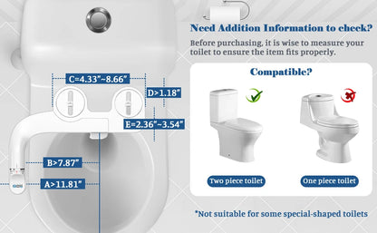 SOOSI Toilet Seat Bidet Attachment Ultra-Slim Double Nozzle Adjustable Water Pressure Non-Electric Ass Sprayer