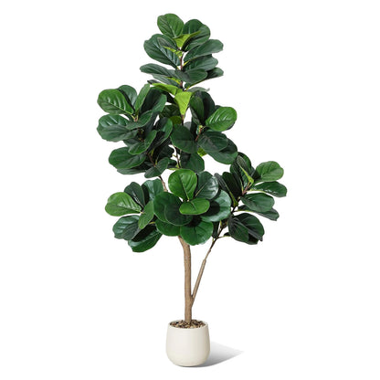 4-7 FT Fiddle Leaf Fig Tree Artificial Realistic Faux Ficus Lyrata Trees in White Planter Pot, Fake Floor Plants for Home Garden