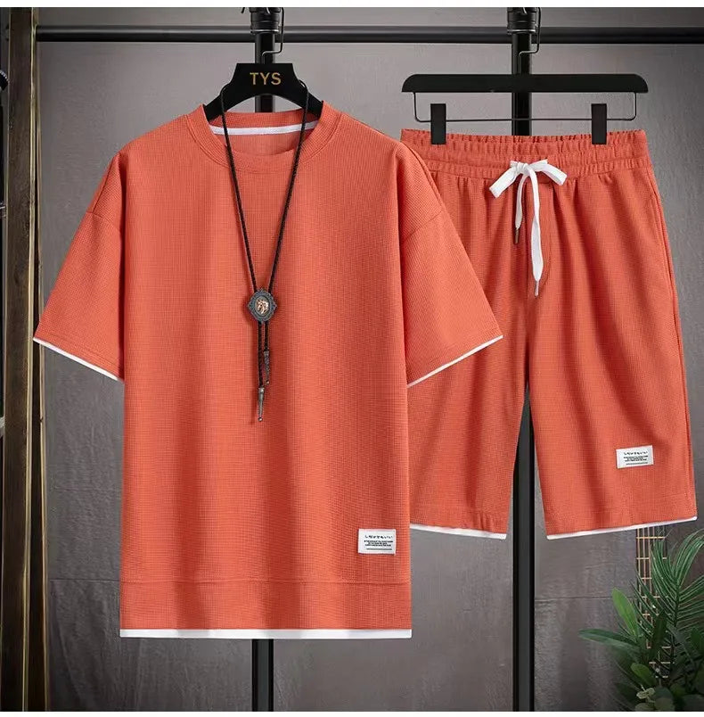 Waffle Men's Summer Short Sleeve And Shorts Two Piece Sets Sports Casual Tracksuit Men Comfortable Cool Shorts Oversized Set