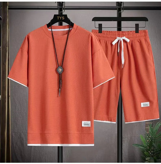 Waffle Men's Summer Short Sleeve And Shorts Two Piece Sets Sports Casual Tracksuit Men Comfortable Cool Shorts Oversized Set