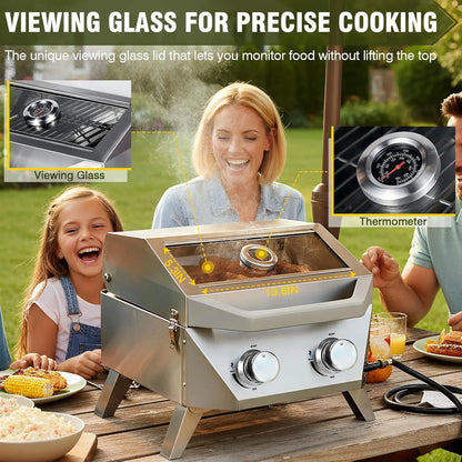 20000 BTU Porterhouse Tabletop Gas Grill 2 Burners Stainless Steel BBQ with Glass Lid Portable Outdoor, Customized