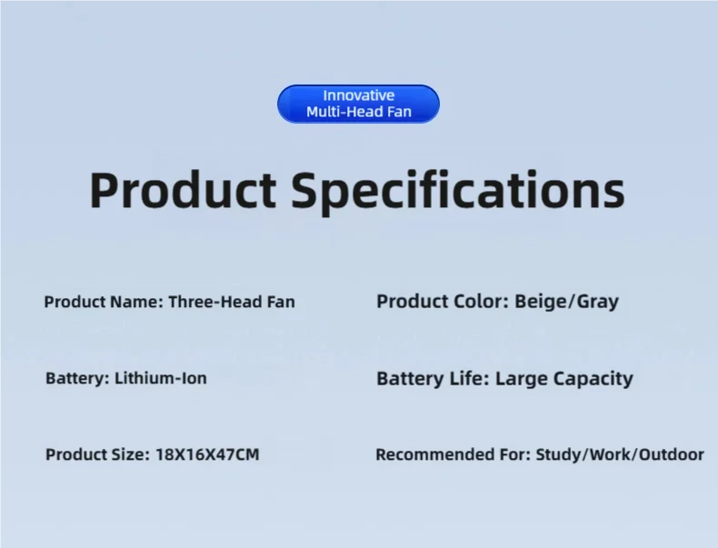 TINSOL Portable Three-Head Fan, 360° Wind Direction Adjustment, Five-Speed Wind, Dormitory and Outdoor Desktop Fan