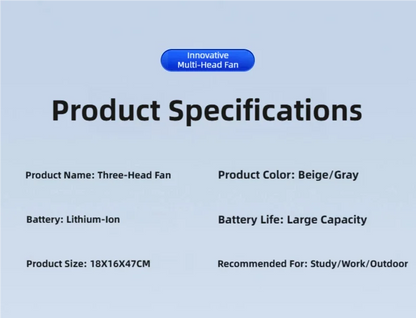 TINSOL Portable Three-Head Fan, 360° Wind Direction Adjustment, Five-Speed Wind, Dormitory and Outdoor Desktop Fan