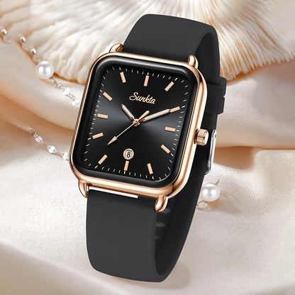 Sunkta Fashion Elegant Woman Watch Square Luxury Retro Silicone Belt Auto Date Casual Waterproof Luminous Quartz Watches for Men