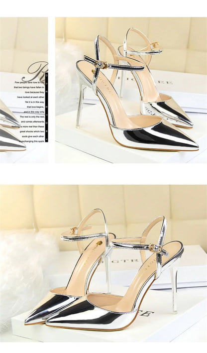 Women High Heels Sandals Metallic Gray Patent Leather Stripper Ankle Strap Wedding Nightclub Pointed Toe Party Valentine 86-1