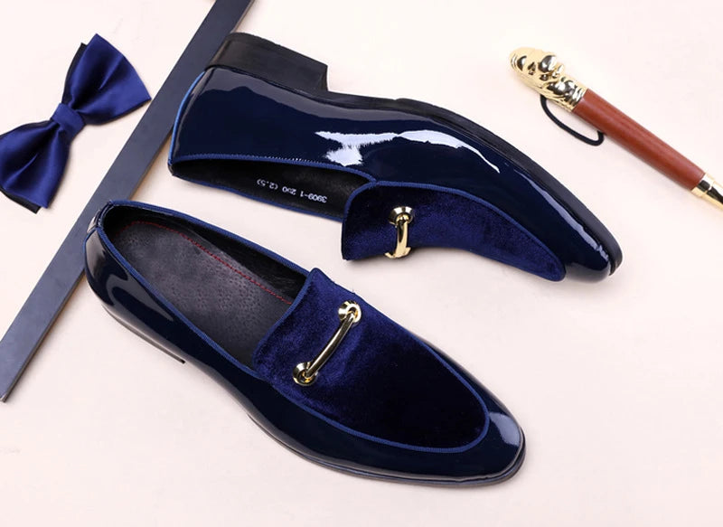 Mens Formal Navy Blue Velvet Patent Leather Loafers With Gold Horsebit Accent Flat Heel Comfortable Non Slip Breathable Business