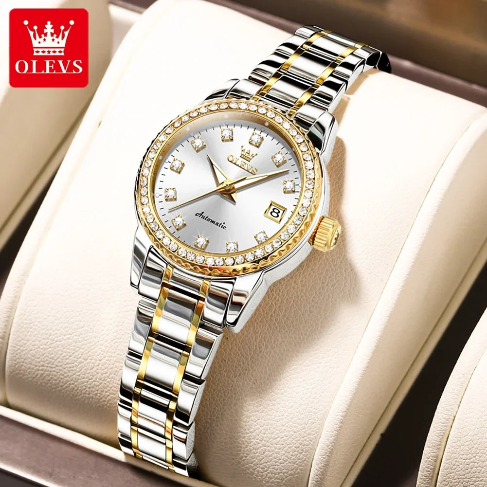 OLEVS 7003 Women Automatic Watch Waterproof Luminous Calendar Mechanical Ladies Wristwatch Steel Strap Luxury Watch Women