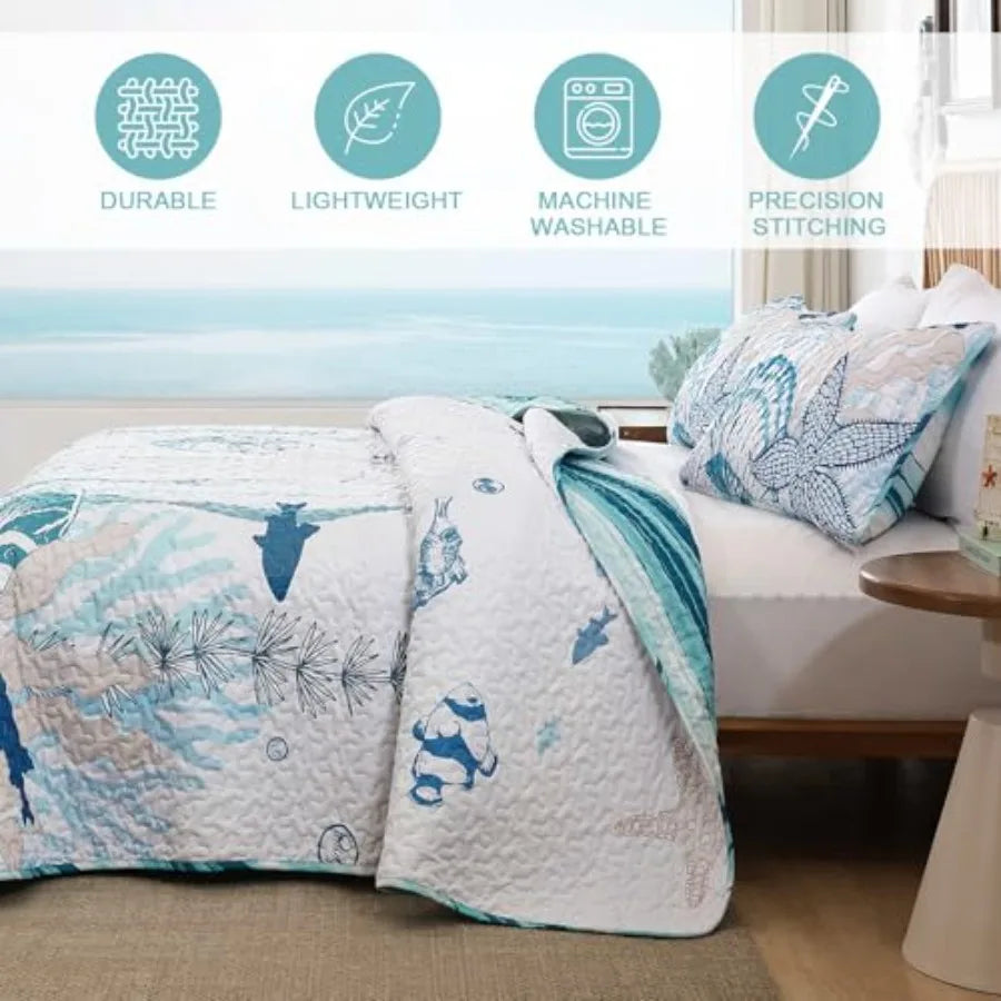 Coastal Quilts Bedding Set Size, Summer Green Fish Coral Nautical Bedding Quilt Set with Pillow Cases, Ocean Beach Reversible B