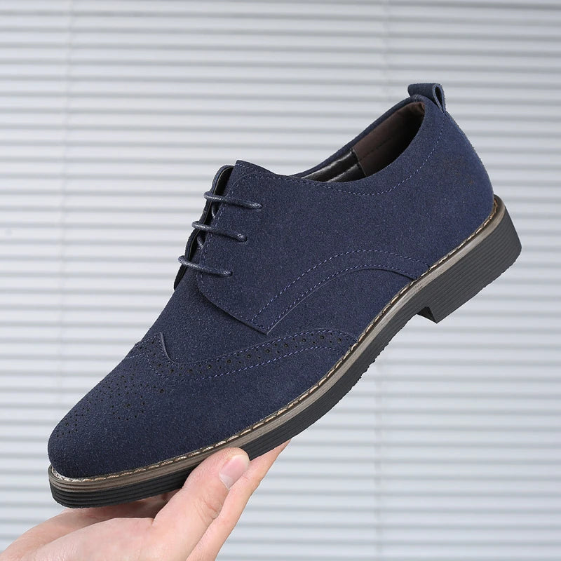 Mens Navy Blue Suede Wingtip Derby Shoes Classic Lace Up Formal Casual Dress Shoes For Business Wedding Office Wear British