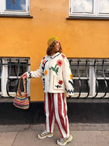 Striped Button-Front Curved-Leg Pants