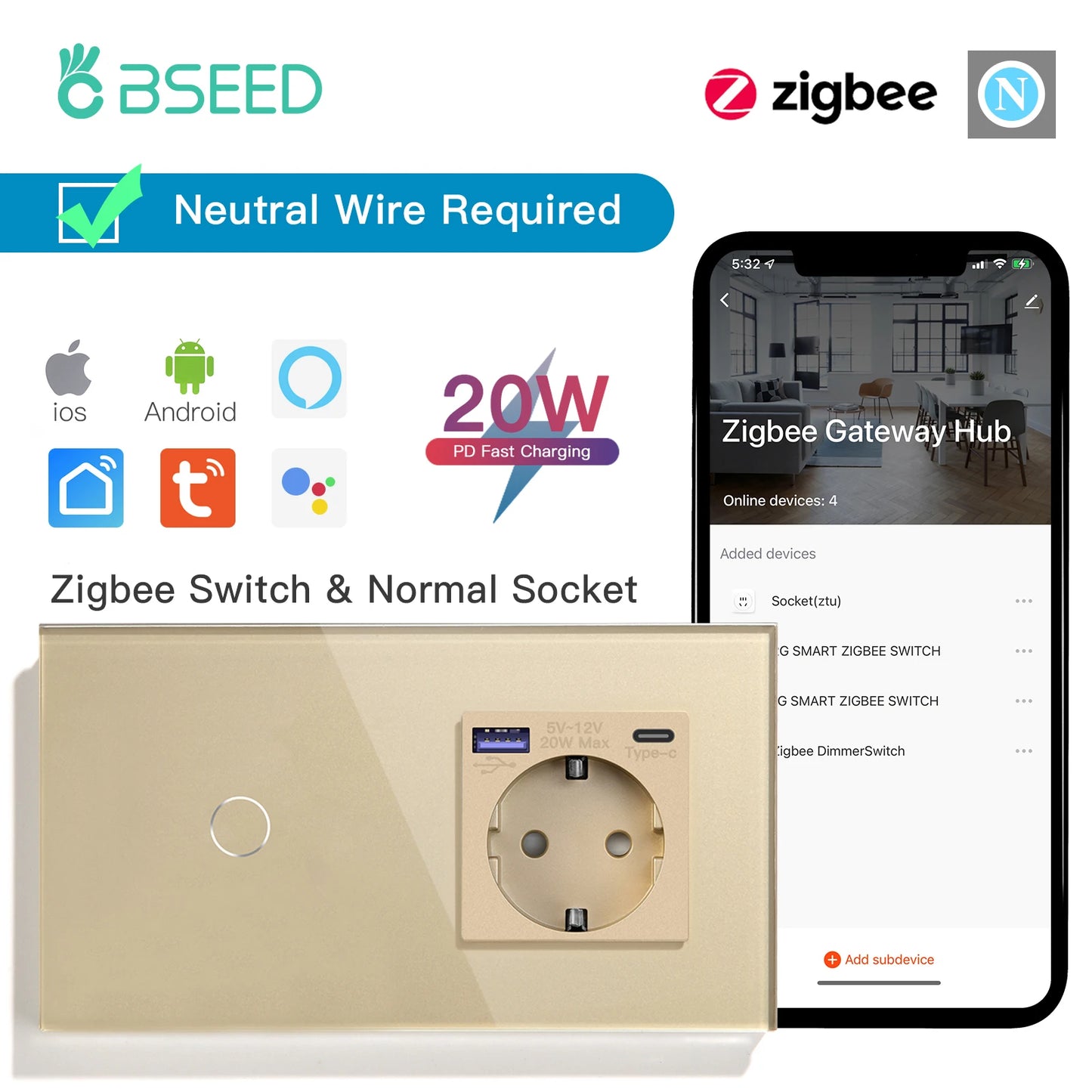 Bseed 1/2/3Gang 2Way Zigbee Light Switch Wall Touch Switch USB Type-C Fast Charge Port 20W Tuya Smart Life Google Home Control