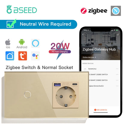 Bseed 1/2/3Gang 2Way Zigbee Light Switch Wall Touch Switch USB Type-C Fast Charge Port 20W Tuya Smart Life Google Home Control