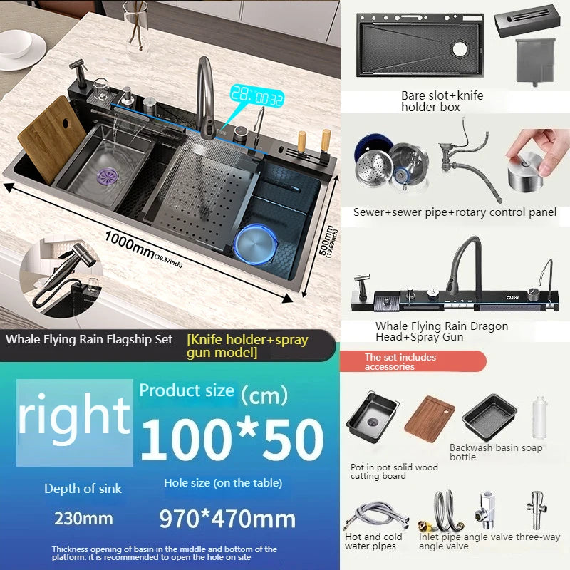 Various Waterfall kitchen Sink  Stainless Steel Multifunctional Large Single Slot Digital Display Sinks
