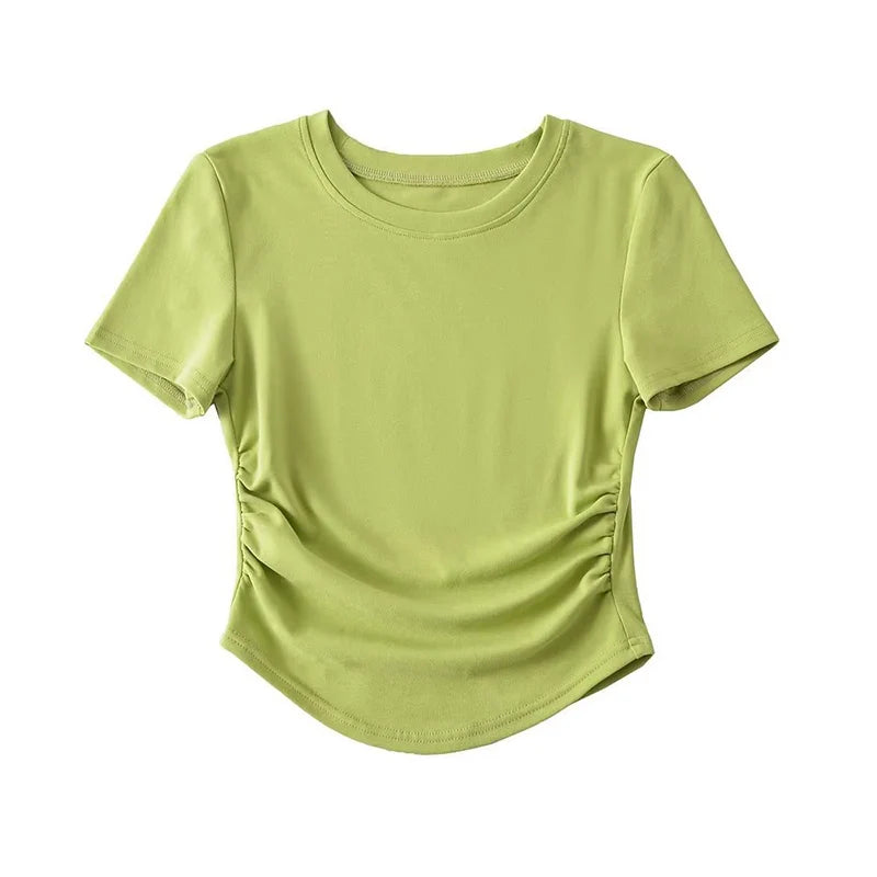 2024 Harajuku Women Crew Neck Short Sleeve Cotton Tee With Ruched Sides Detail T-shirts